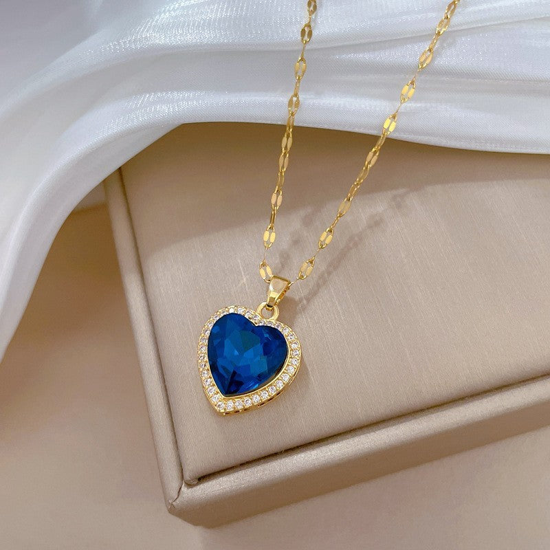 Gold Heart Blue Crystal Pendant Necklace Women’s Jewelry Gift 16" Chain