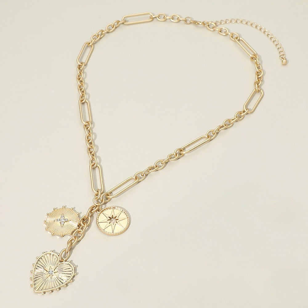 Gold Celestial Heart Sun Star Charm Paperclip Chain Necklace Fashion Jewelry