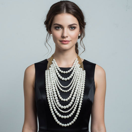 Multi Layer Faux Pearl Statement Necklace and Stud Earrings Set