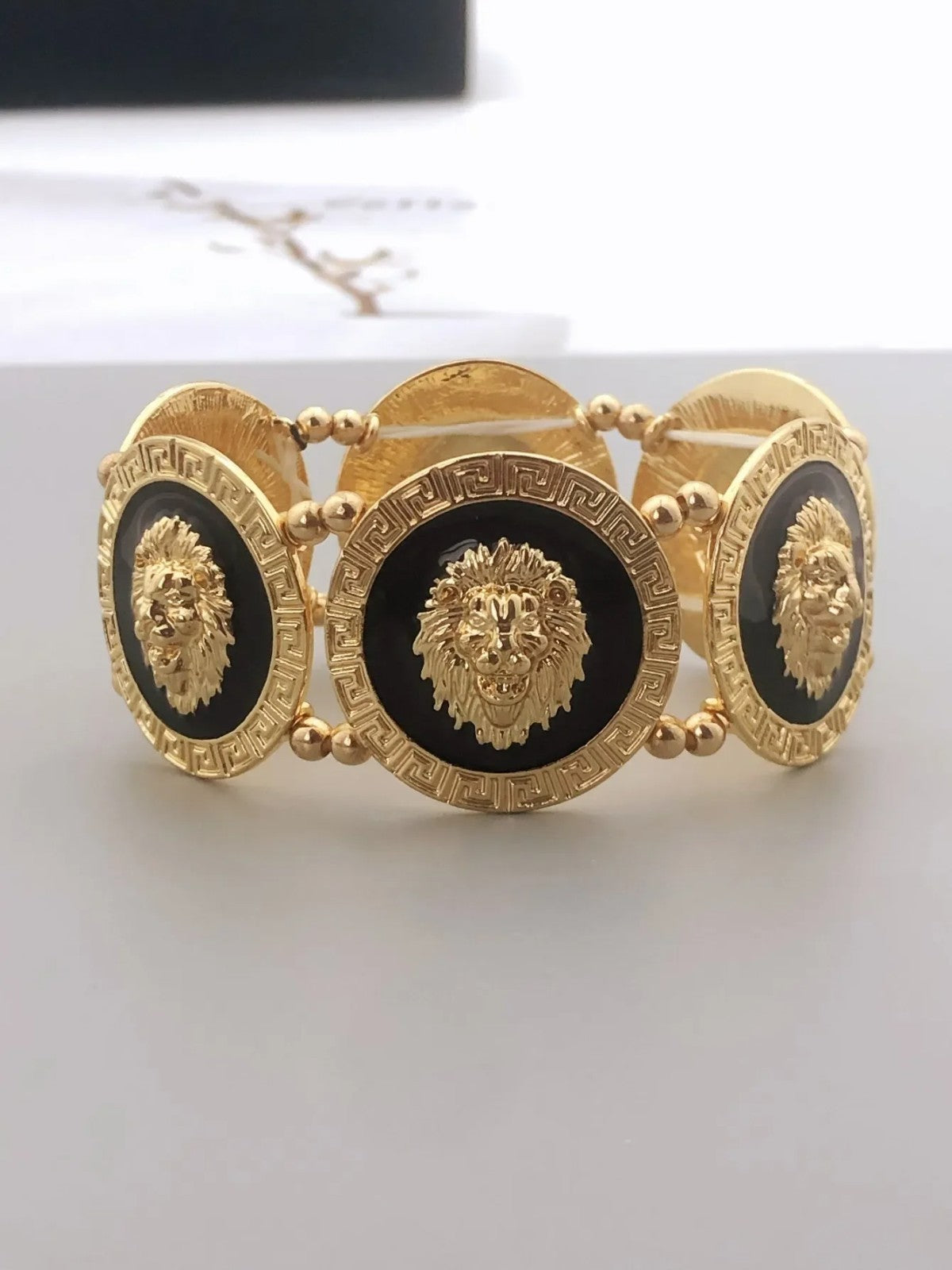 Gold Tone Lion Head Bracelet Black Enamel Greek Key Stretch Medallion 6.7in