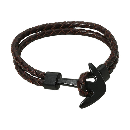 Mens Braided Leather Anchor Bracelet 2 Pack Black & Brown Nautical Set