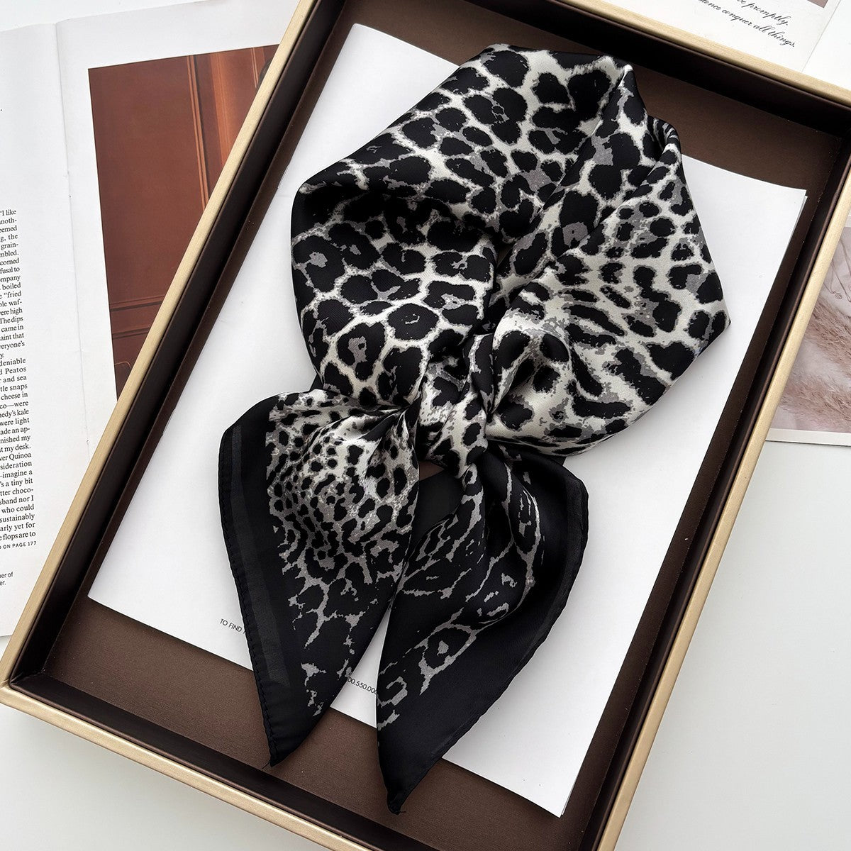 2PC Leopard Silk Feel Square Scarf Set Black Gray & Classic Brown Animal Print