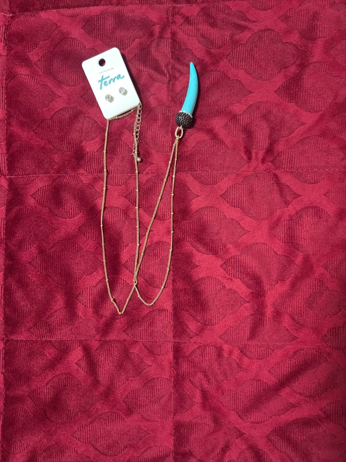 Boho Gold Chain Necklace with Turquoise Horn Pendant & Crystal Stud Earrings Set