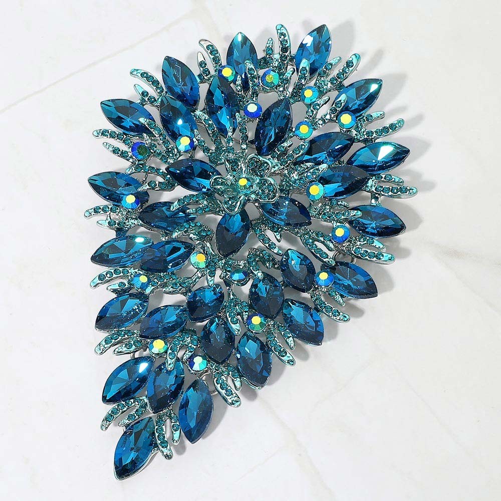 Large Teal Blue Crystal Rhinestone Statement Brooch Teardrop Floral Cluster Pin