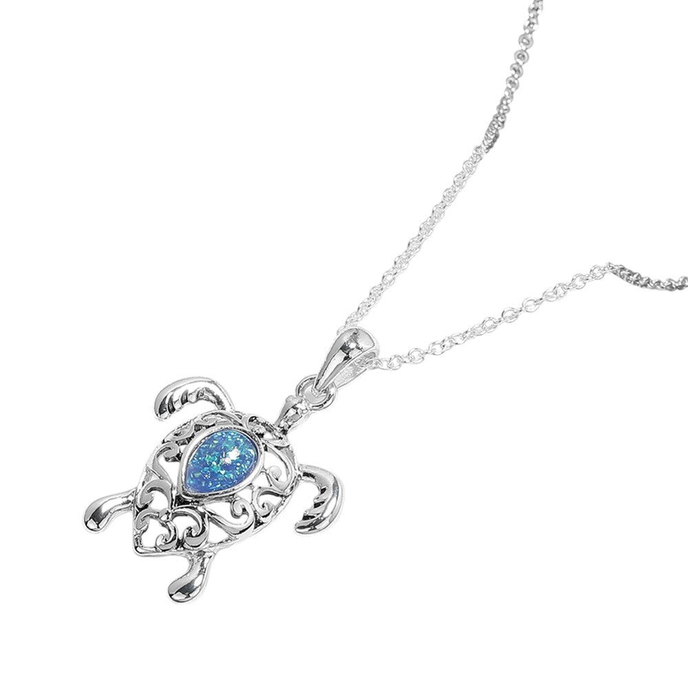 Sea Glass Pointed Metal Turtle Pendant Necklace Ocean Inspired Jewelry for Women