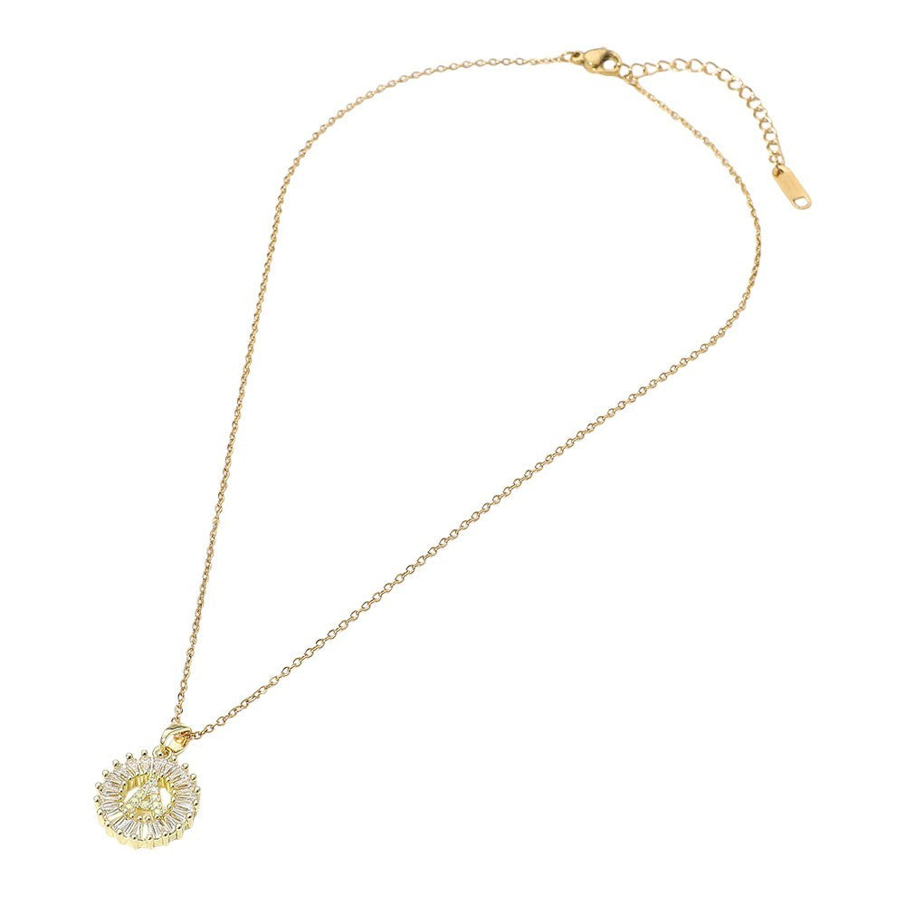 -A- Stainless Steel CZ Stone Embellished Round Initial Monogram Pendant Necklace