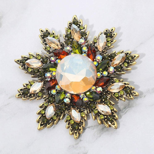Rhinestone Embellished Crystal Floral Starburst Pin Brooch for Women Gold Tone