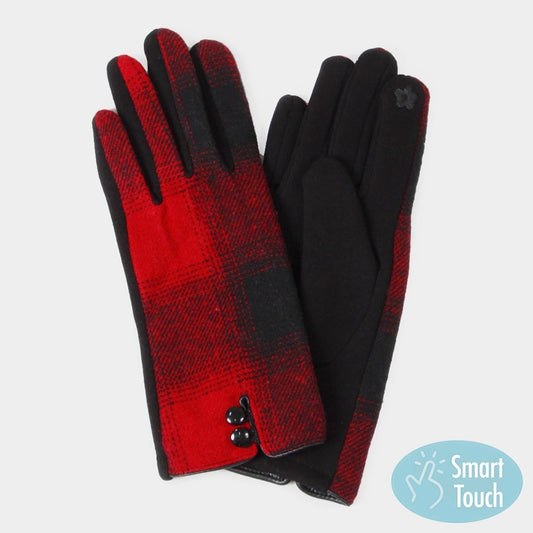 Unisex Buffalo Plaid Check Patterned Smart Touch Gloves One Size Red & Black