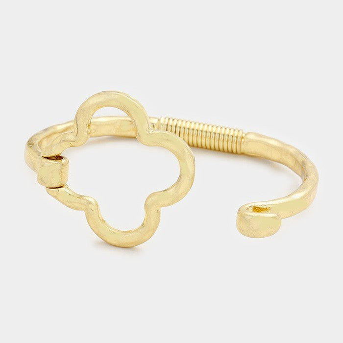 Matte Gold Hammered Quatrefoil Hinged Cuff Bangle Bracelet - 2.3" Diameter