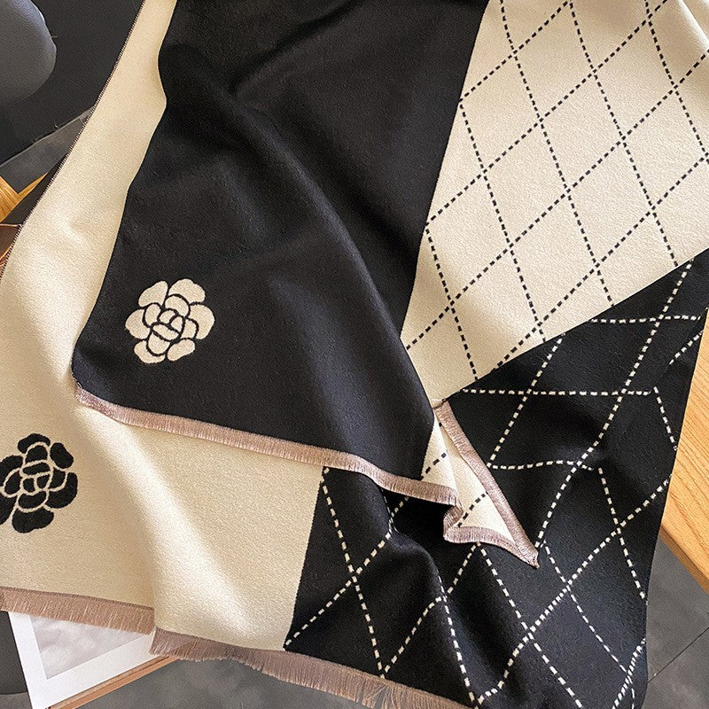 Women Camellia Flower Scarf Cashmere Feel Shawl Wrap Black Beige Grid Winter
