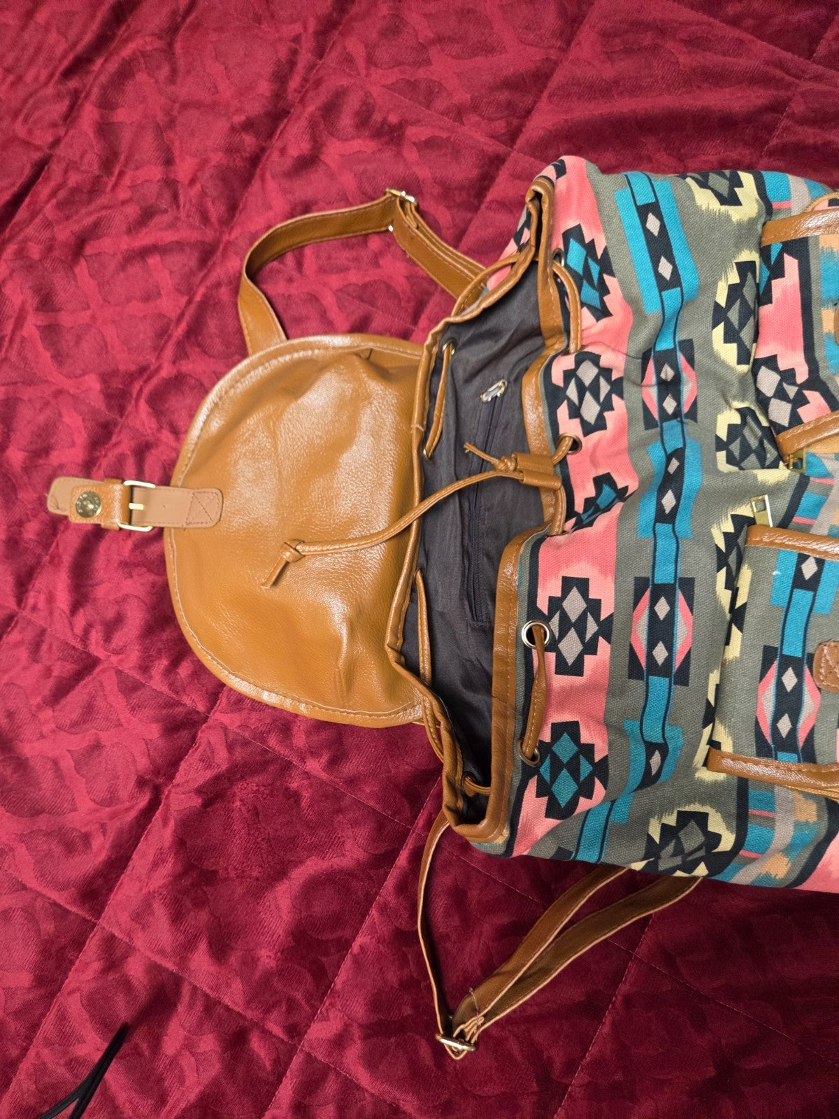 Boho Aztec Print Backpack for Women with Drawstring Top and Snap Front Closure