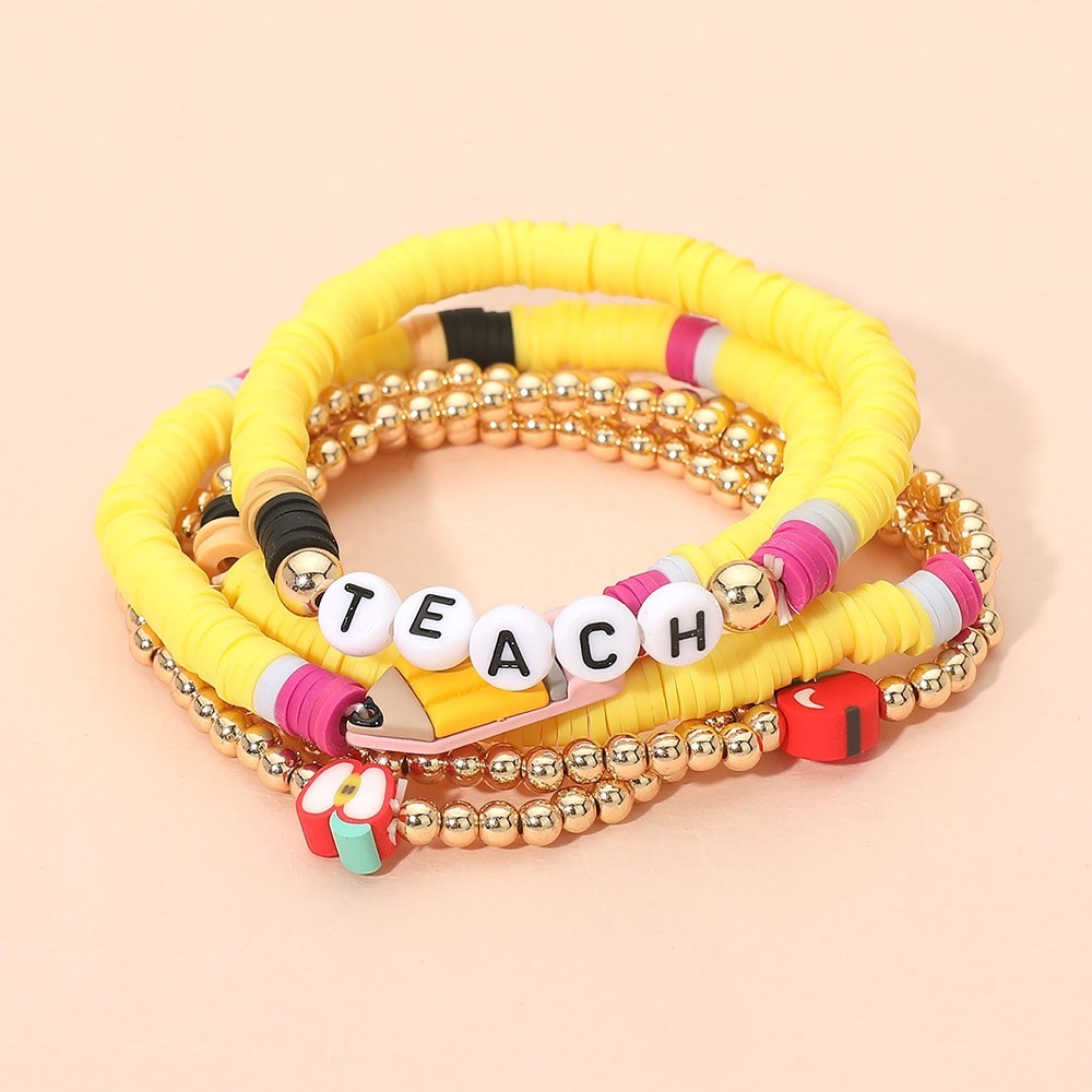 Teacher Appreciation 5pc Bracelet Set - Yellow Pencil & Apple Stack Jewelry