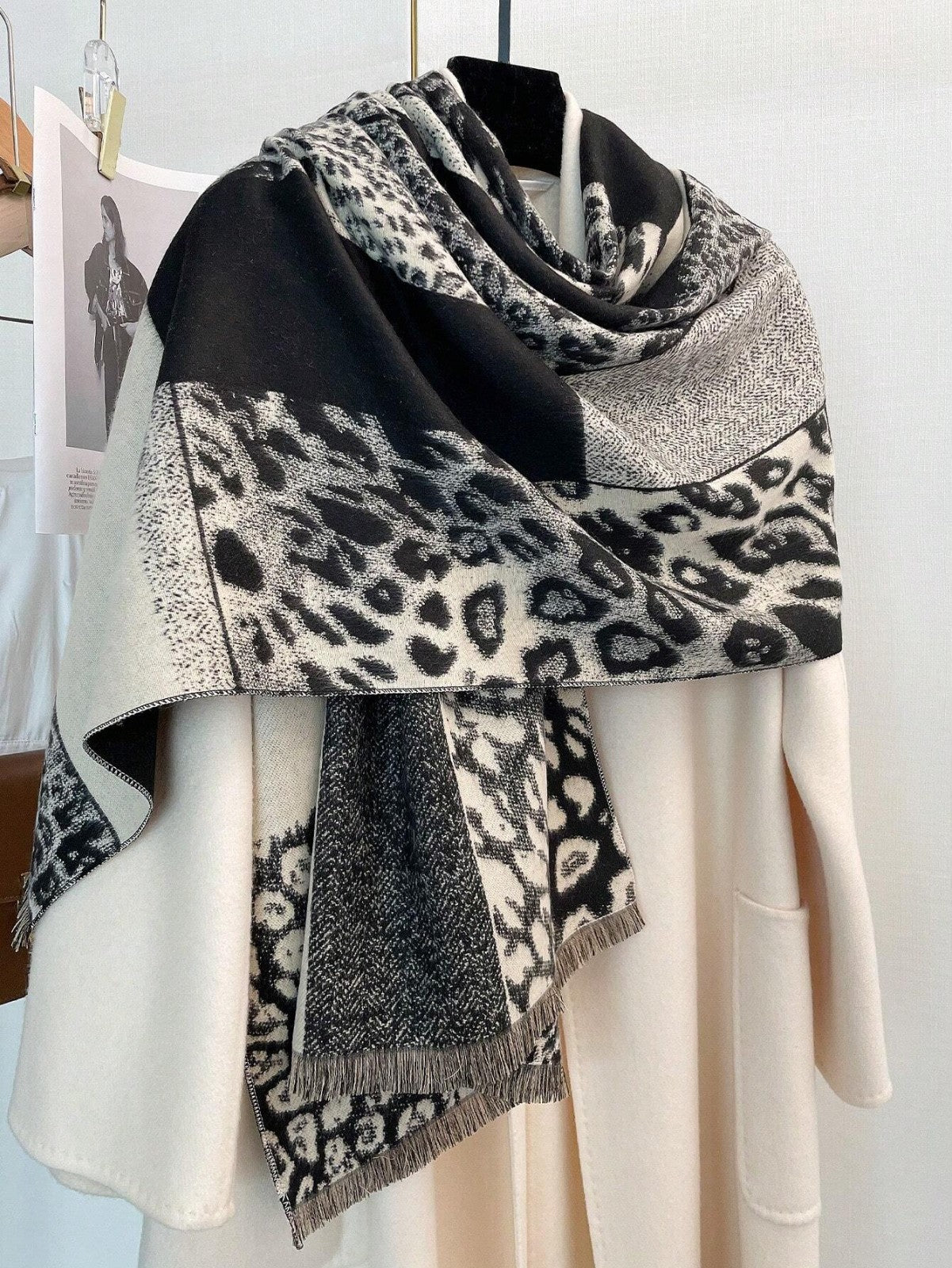 Reversible Leopard Print Scarf Women's Black & Cream Shawl Wrap