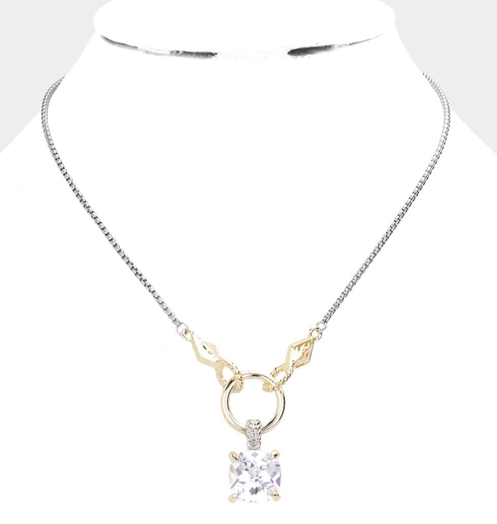 Two-Tone Cubic Zirconia Cushion Cut Pendant Mixed Metal Box Chain Necklace