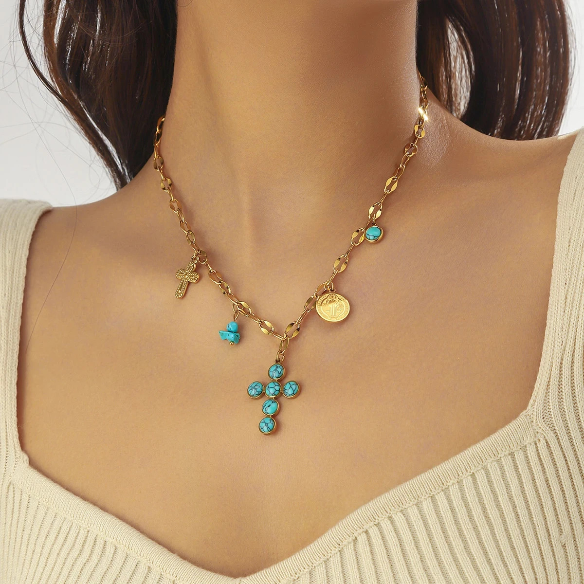 Stainless Steel Turquoise Inlay Cross Pendant Necklace for Women and Girls