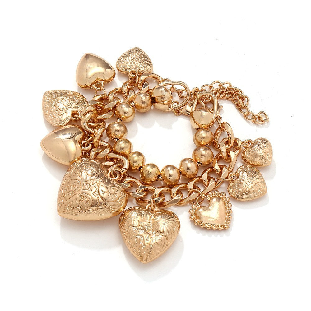 2pcs Gold Heart Charm Bracelet Set Chunky Chain Beaded Link Boho Jewelry