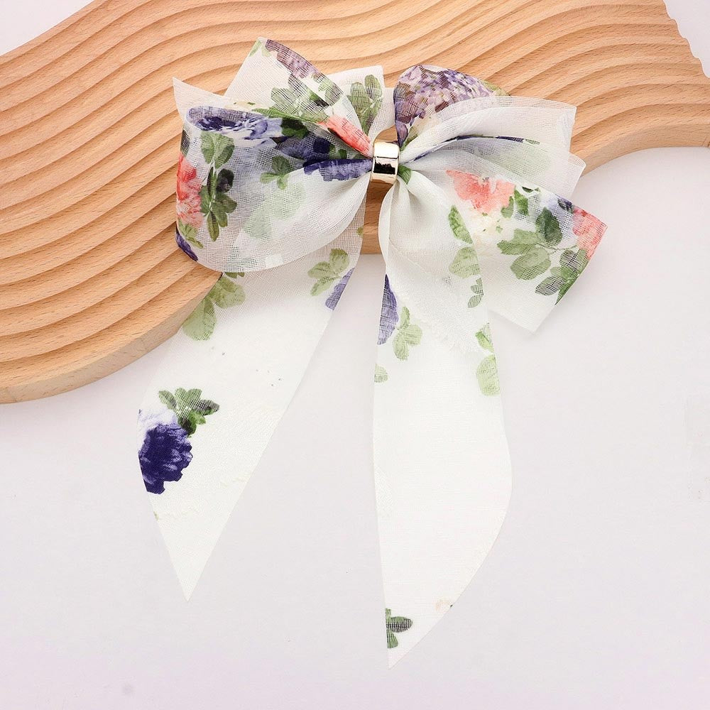 Floral Chiffon Long Ribbon Bow Hair Clip Summer White Botanical Floral Barrette