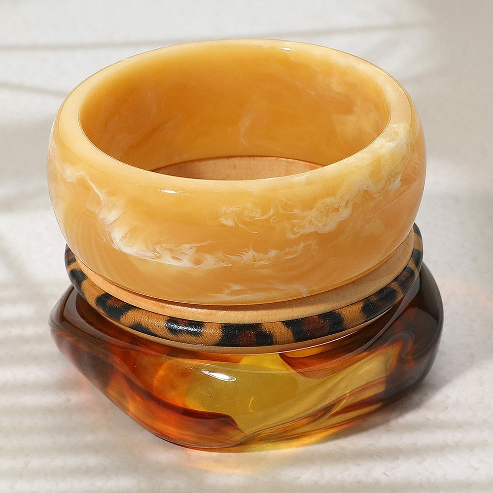 3PC Wood Resin Stack Bangle Set Tortoise Shell Print Bohemian Boho Vintage