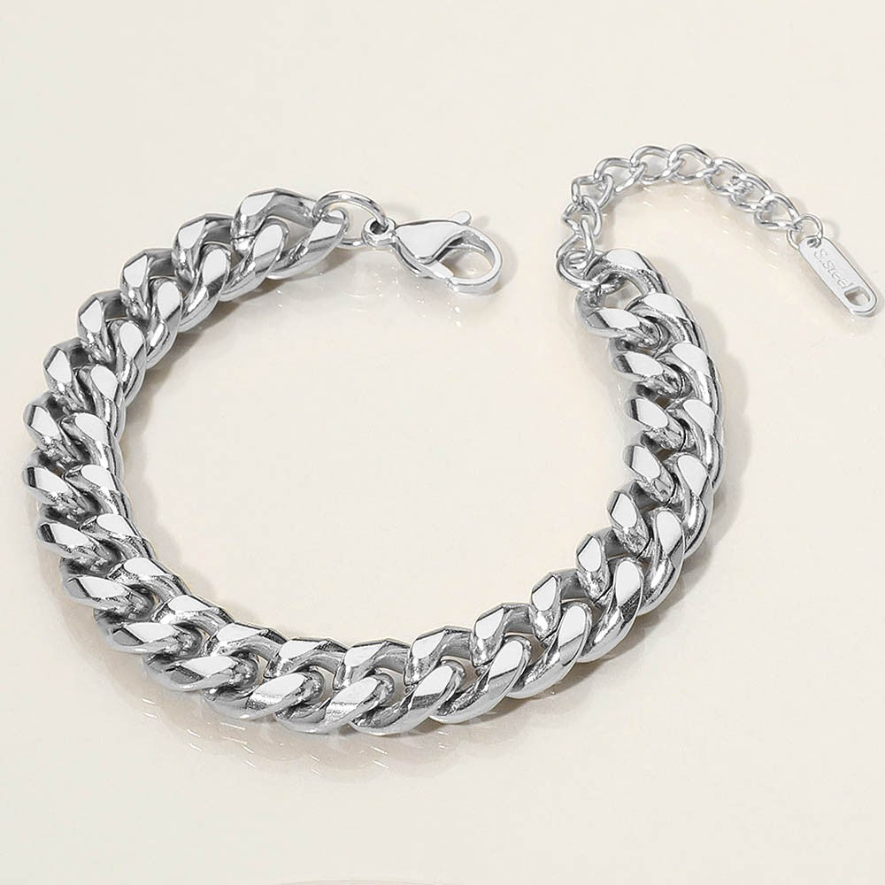 Classic Cuban Link Bracelet Set of 2 Stainless Steel Silver Tone Mens Womens