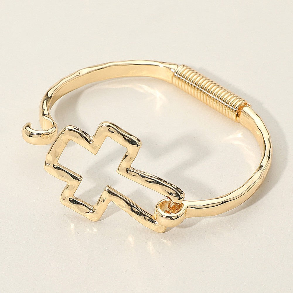 Hammered Gold Tone Open Cross Pointed Hinged Bangle Bracelet for Women
