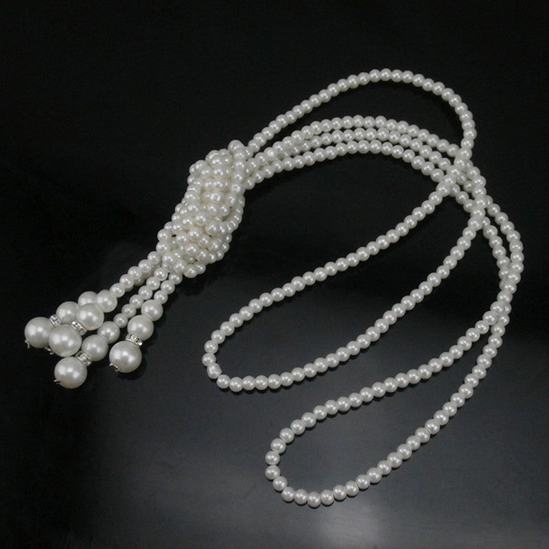 Faux Pearl Long Tassel Statement Necklace Knot Layered Sweater Chain Wedding