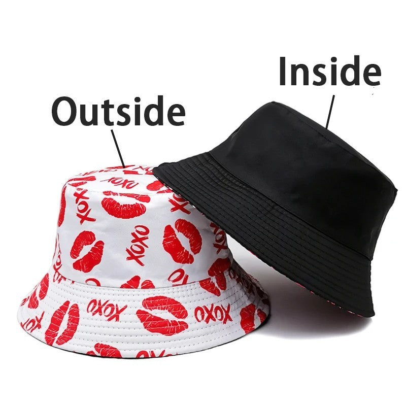 2X Reversible Bucket Hat Set Lips XOXO Graffiti Print Black White Unisex Y2K