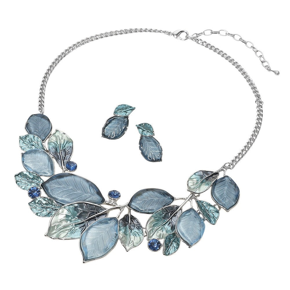 Enamel Blue Leaf Statement Necklace & Stud Earrings Jewelry Set 16.5"+3.5" L