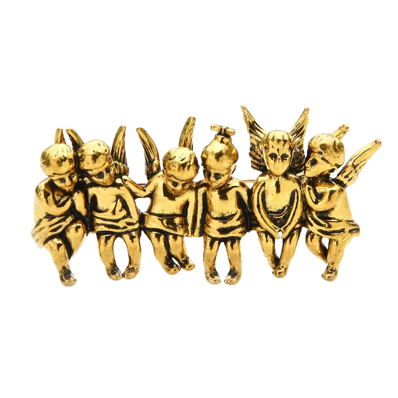 Vintage Style Cherub Brooch Pin Gold Tone Cupid Angel Putti Six Figure Jewelry