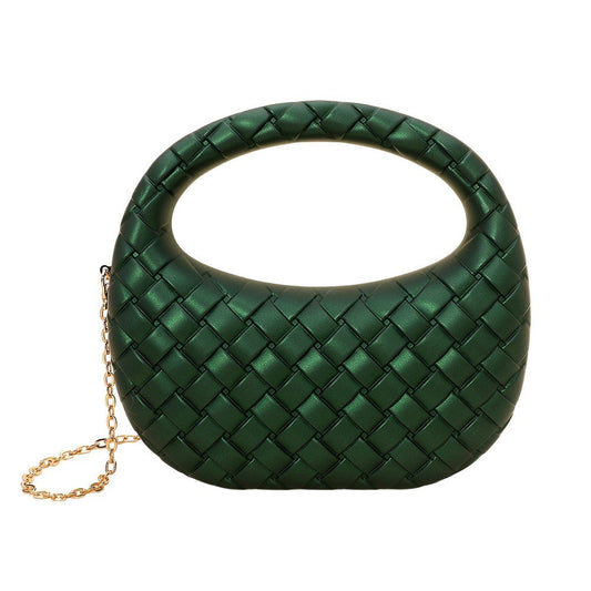 Green Faux Leather Woven Evening Clutch Bag Detachable Gold Chain Handbag