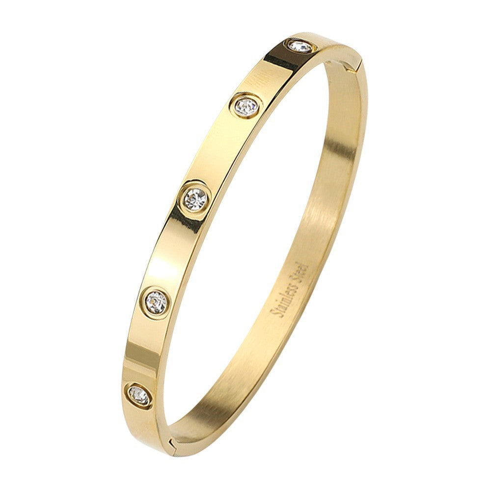 2PC Stainless Steel Bangle Bracelet Set Silver & Gold Tone Crystal Hinged Cuff