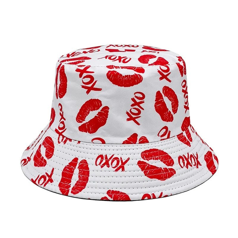 2X Reversible Bucket Hat Set Lips XOXO Graffiti Print Black White Unisex Y2K