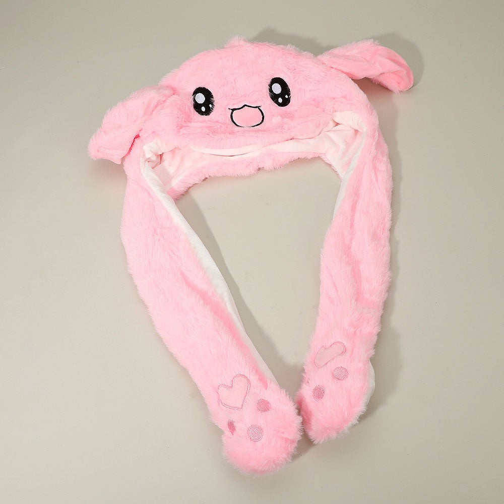 One Size Soft Plush Bunny Ear Flaps & Dangling Paws Winter Hat for Women Pink