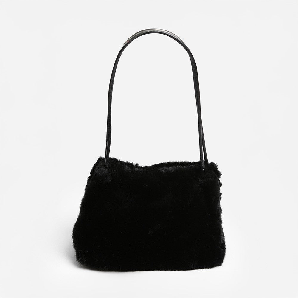 Black Faux Fur Shoulder Bag with Tan Straps Winter Handbag Magnetic Closure