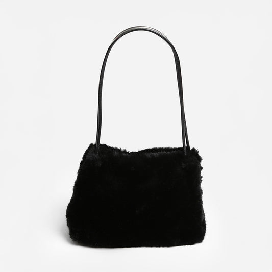 Black Faux Fur Shoulder Bag with Tan Straps Winter Handbag Magnetic Closure