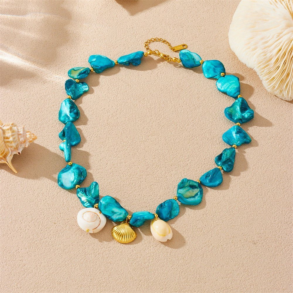 Stainless Steel Blue Stone Conch Shell Necklace | Trendy Sea-Inspired Jewelry