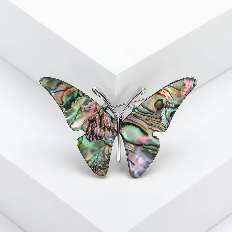 3pcs Abalone Shell Brooch Set Butterfly Clover Tulip Silver Tone Pin