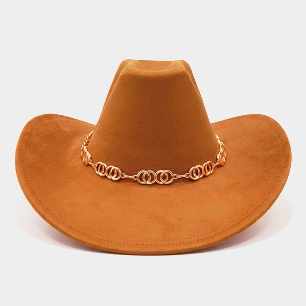 Tan Felt Western Cowboy Hat w/ Gold Chain Band Women’s Fashion One Size