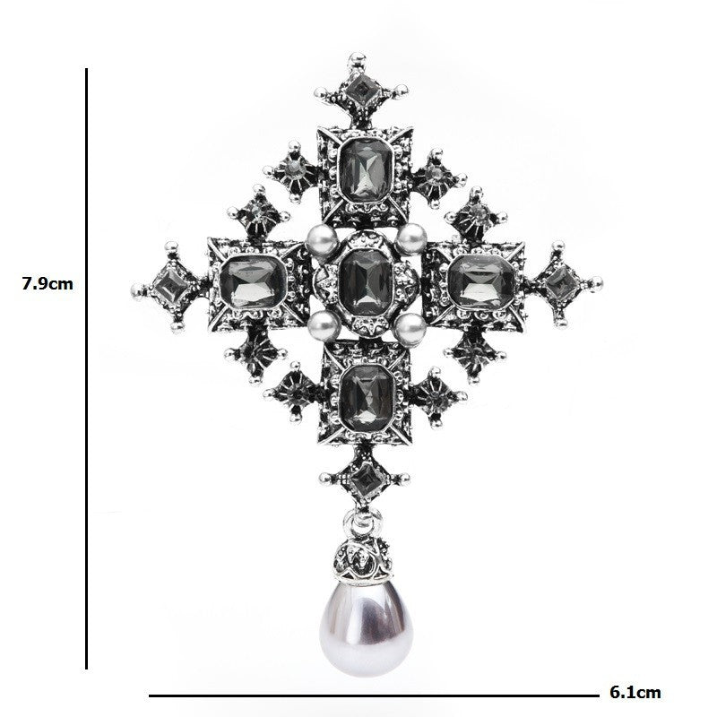Vintage Gothic Gray Crystal Cross Brooch Faux Pearl Dangle Pin Royal Style