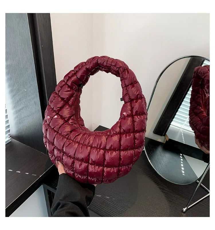 Women's Burgundy Puffer Quilted Crescent Hobo Shoulder Bag Purse
