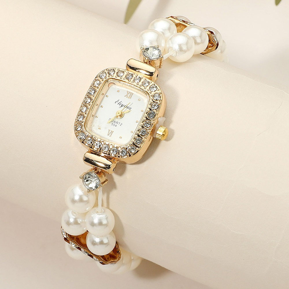Elegant Gold-Tone Quartz Imitation Pearl Bracelet Watch with Crystal Accents
