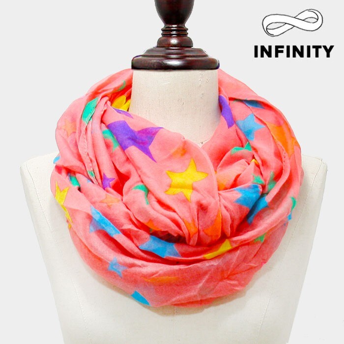 Neon Star Print Infinity Scarf Red Lightweight Viscose Loop Fashion Wrap for Wom