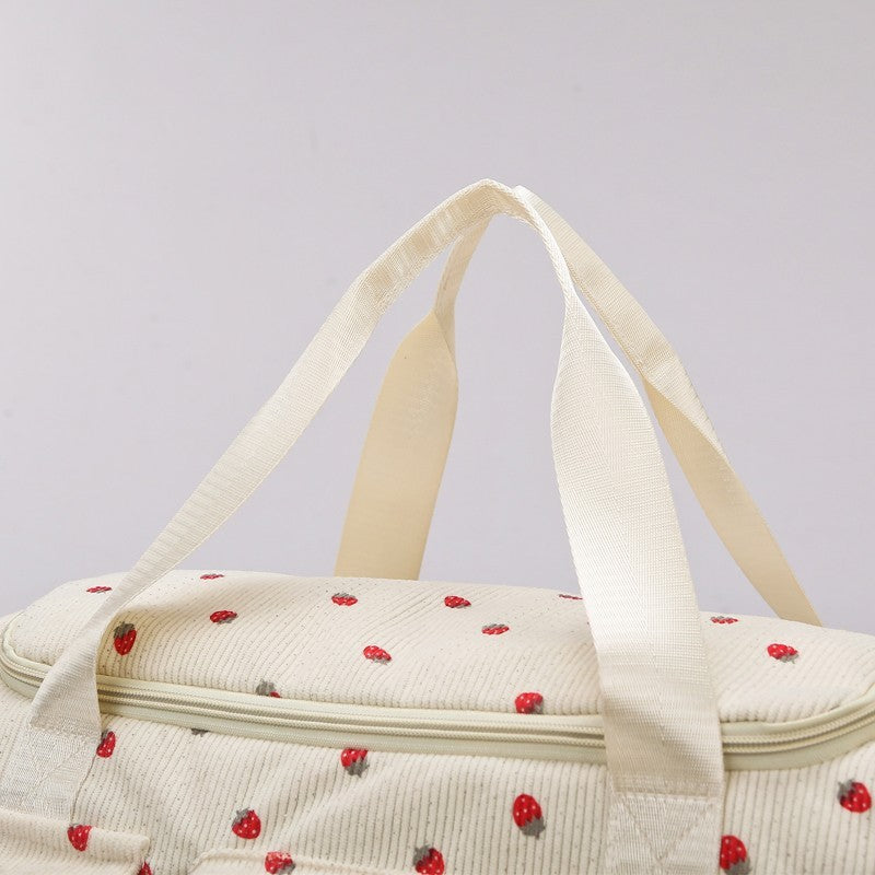 Strawberry Corduroy Travel Duffel Bag Shoe Compartment Trolley Sleeve