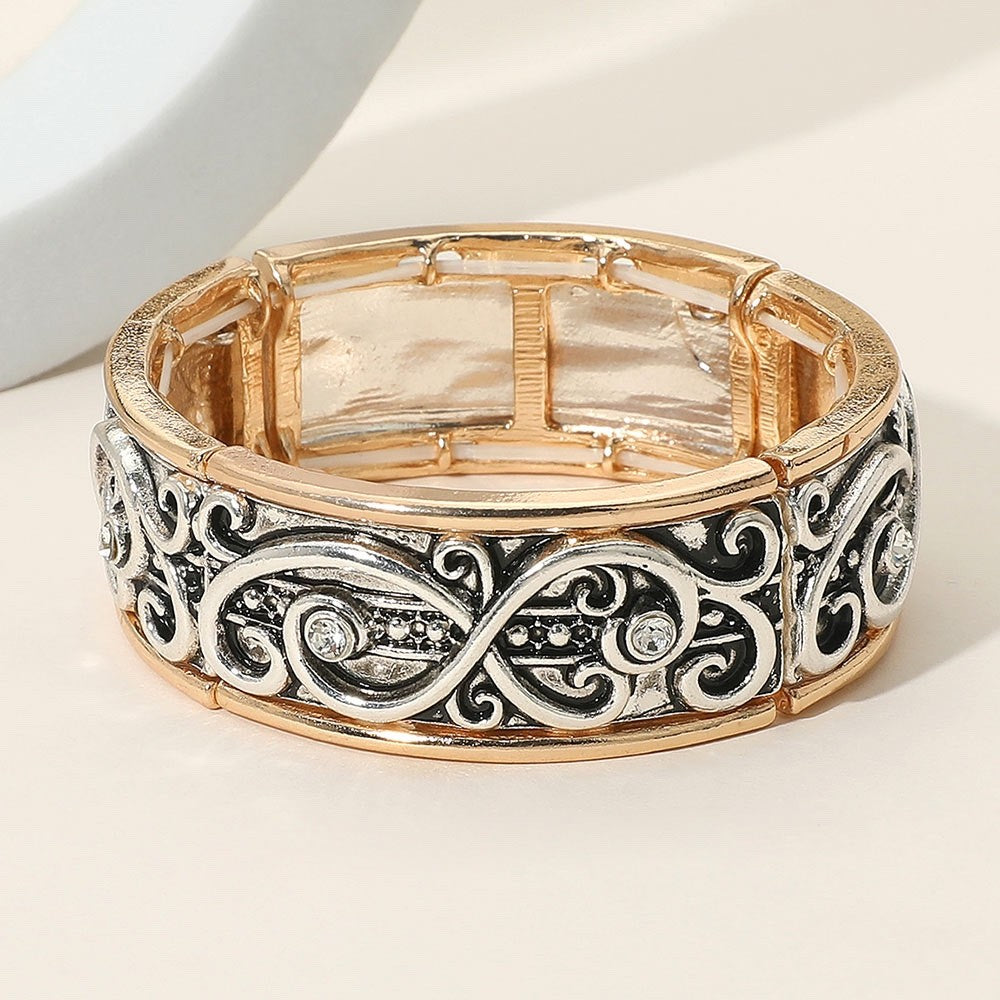 Vintage Two-Tone Filigree Stretch Bangle Bracelet with Crystal Center Accents