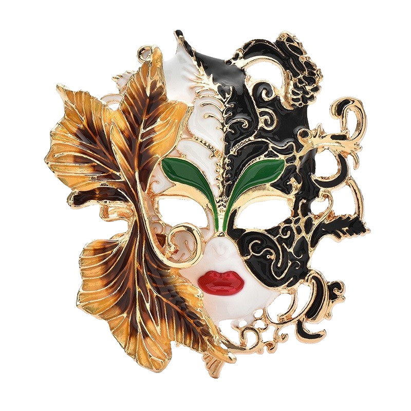 Venetian Masquerade Mask Brooch Pin Black White Gold Enamel Statement Brooches