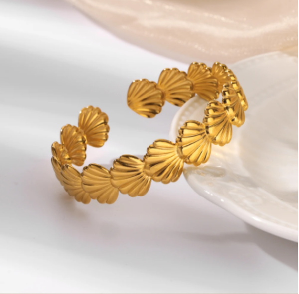 Gold Tone Stainless Steel Shell Cuff Bracelet for Women Beach Inspired Jewelry
