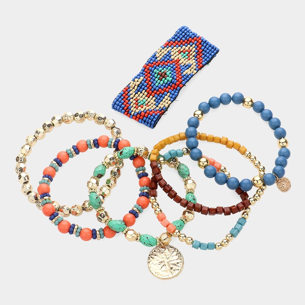 7PCS Boho Stretch Multi Layered Beaded Bracelets Stackable Bangle Set for Women