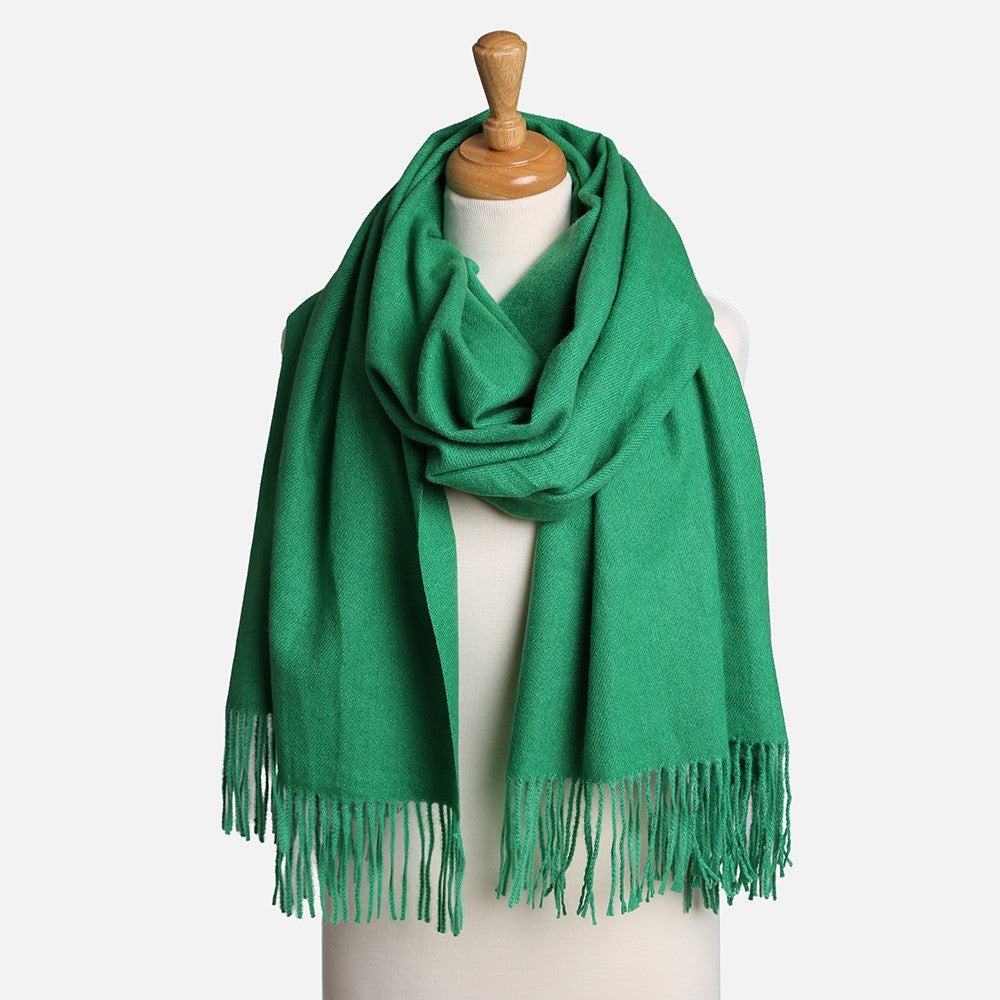 Green Oblong Scarf with Tassels Lightweight Soft Solid Wrap for Women