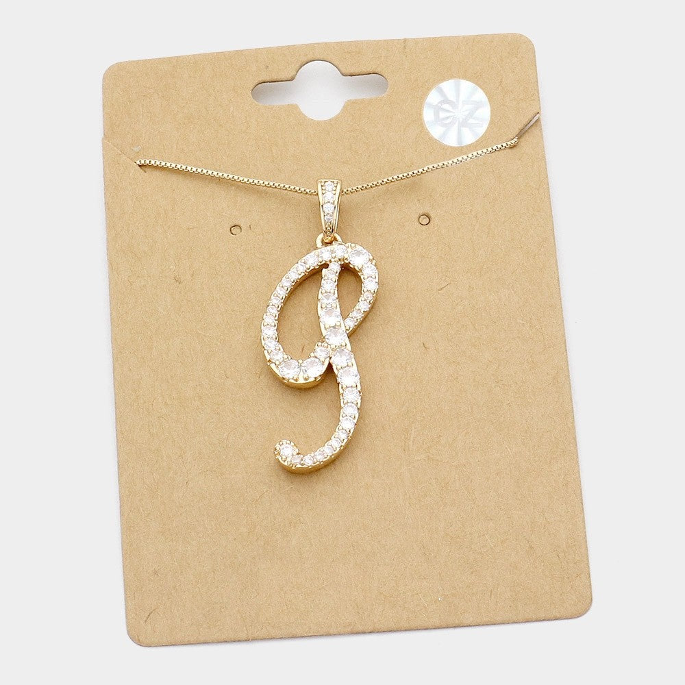 Gold Tone Cursive Letter P Initial Pendant Necklace with Cubic Zirconia