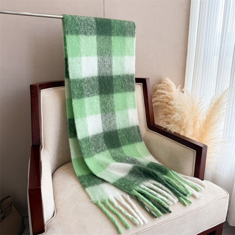 Green Plaid Cashmere Feel Scarf Oversized Winter Shawl Wrap Fringe 94" x 15"