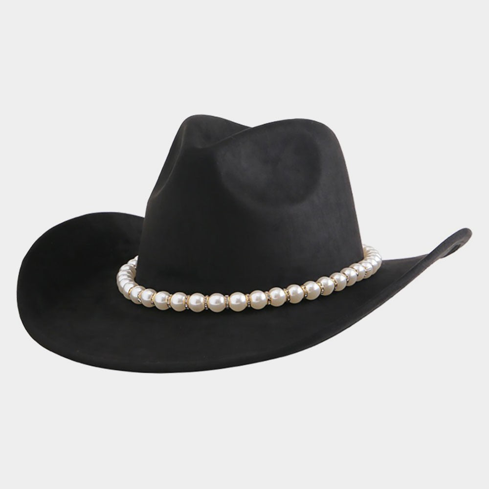 Black Felt Cowboy Western Hat with Pearl Band Accent – Wide Brim Unisex